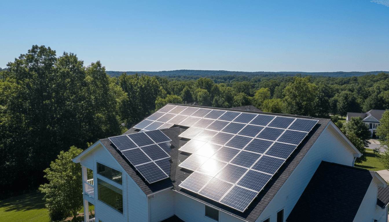 Clean solar panels on a residential roof under bright sunlight