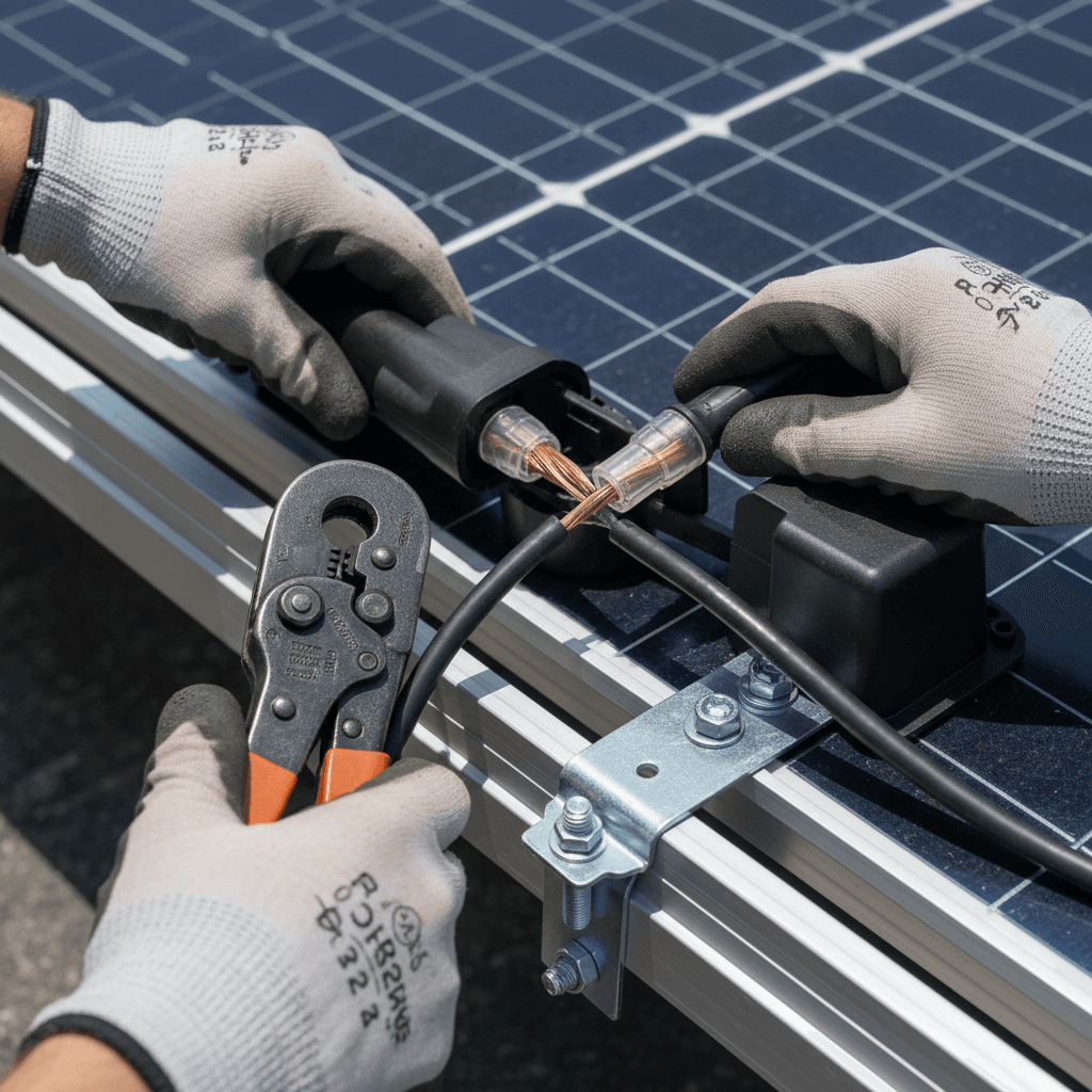 Technician inspecting solar panel connections on a rooftop