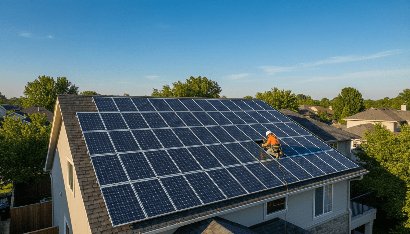 Wide shot of a complete critter guard installation on a residential solar panel system in Maryland. The mesh runs continuously along the bottom edge of the panels, blending with the roof line. Aesthetic is clean and documentary-style with even overcast light. The composition shows the full array with the mesh integrated, demonstrating a professional, finished look.