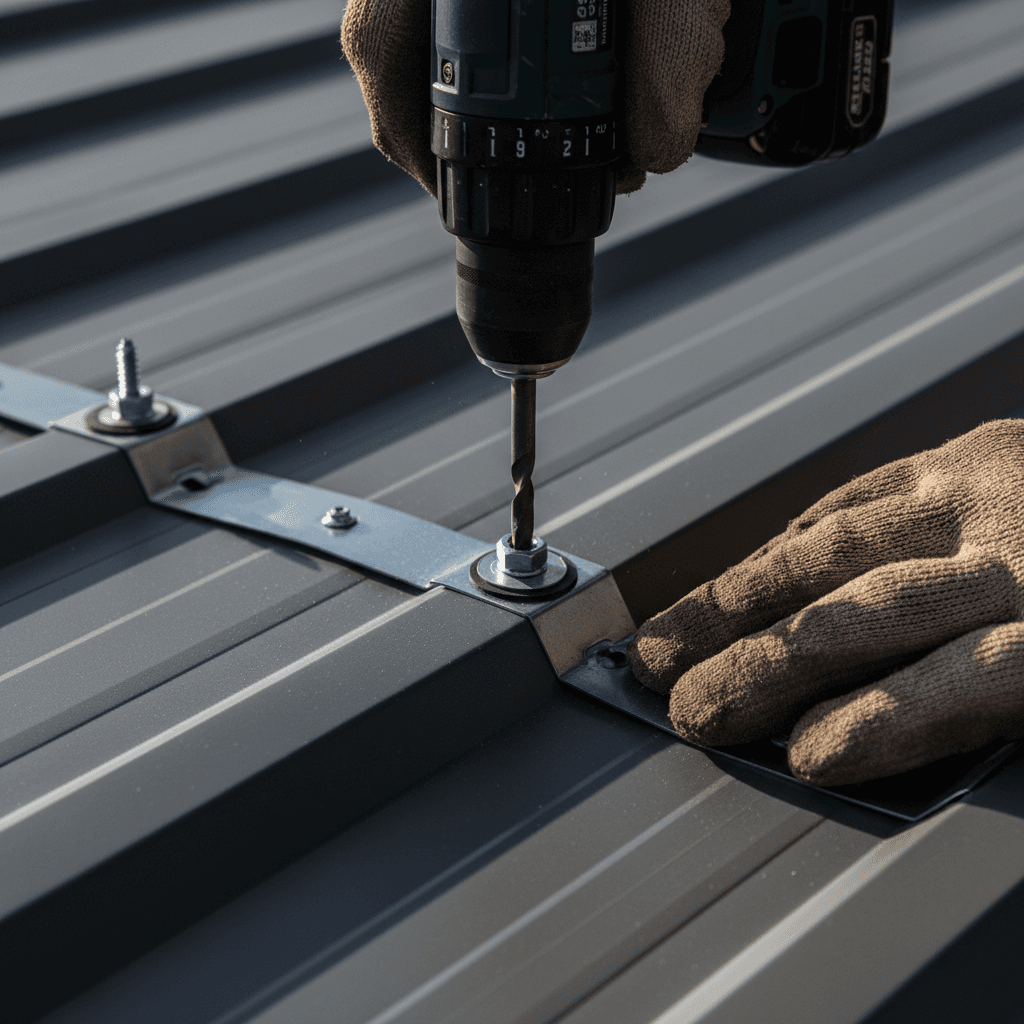 Roof Proof technician installing heavy-duty galvanized steel mesh critter guard along the edge of a solar panel array on a residential roof in Virginia. The image shows a close-up of the installers hands securing the mesh with a drill and custom clips. Aesthetic is industrial documentary with raw textures and honest lighting. Bright midday sun casts sharp shadows across the roof tiles. The composition focuses on the material and installation detail.