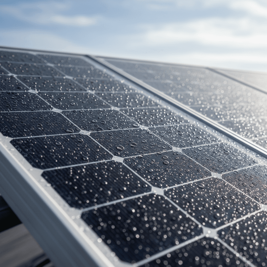 Technician rinsing solar panel with water spray