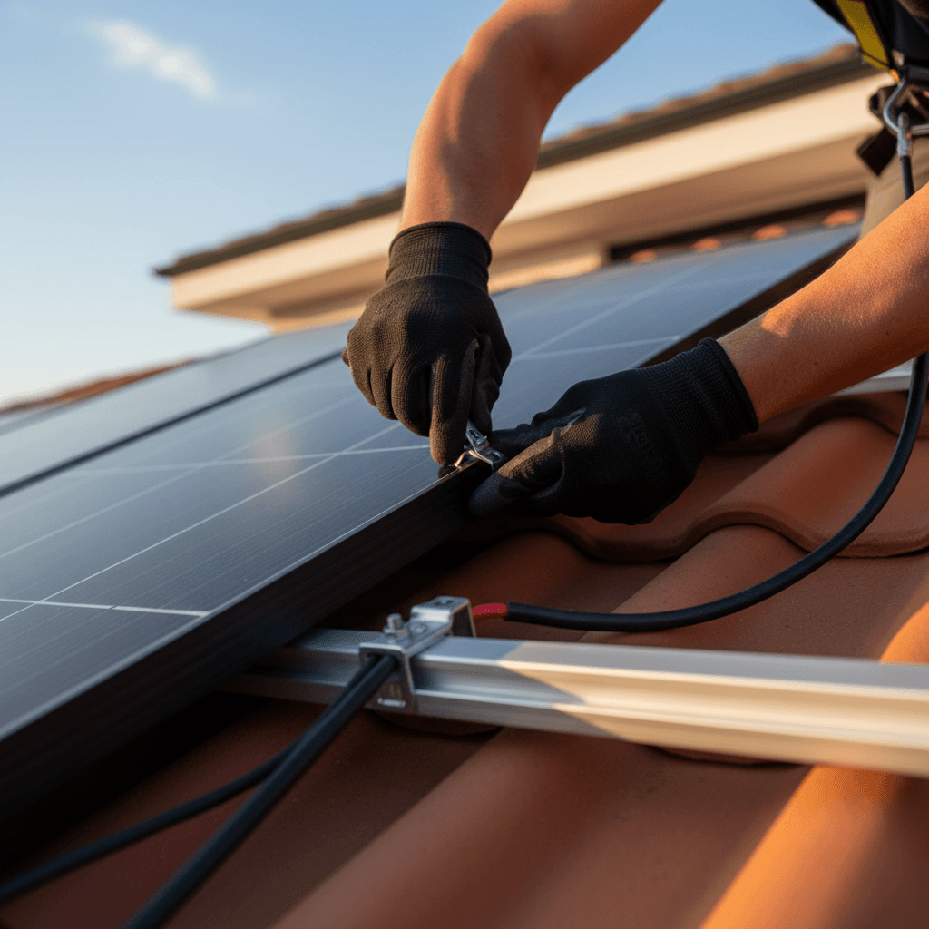 Technician installing critter guard mesh on solar panels